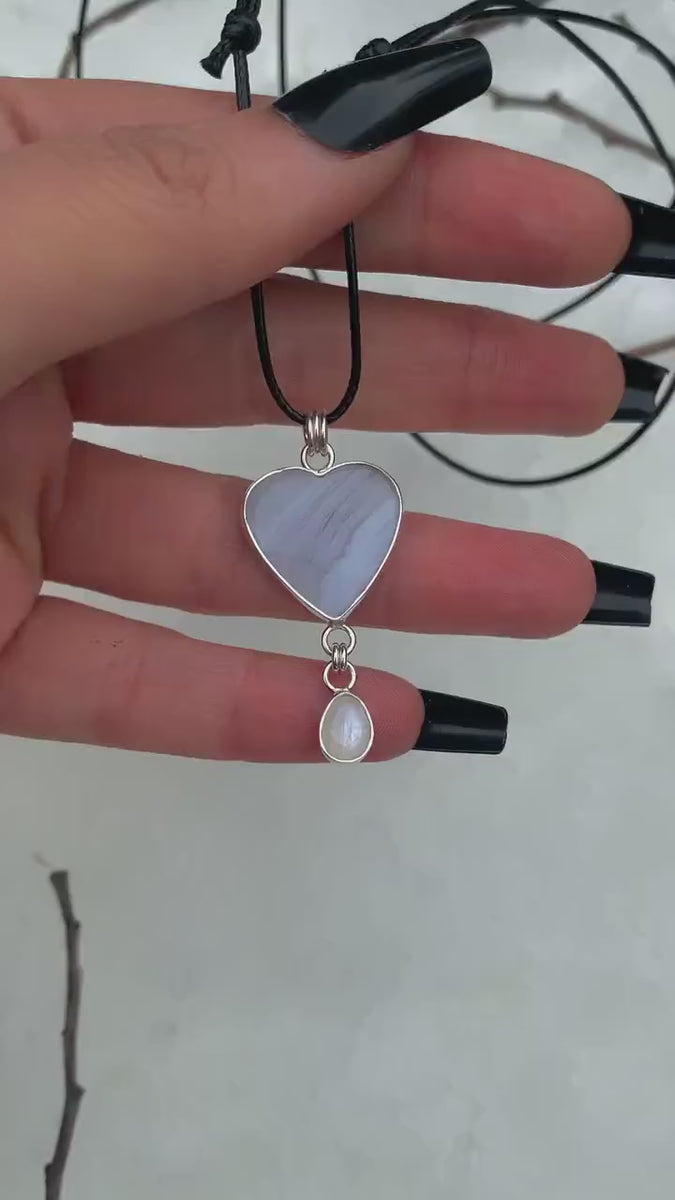 Blue Lace Agate Heart & Moonstone Pendant - Sterling Silver
