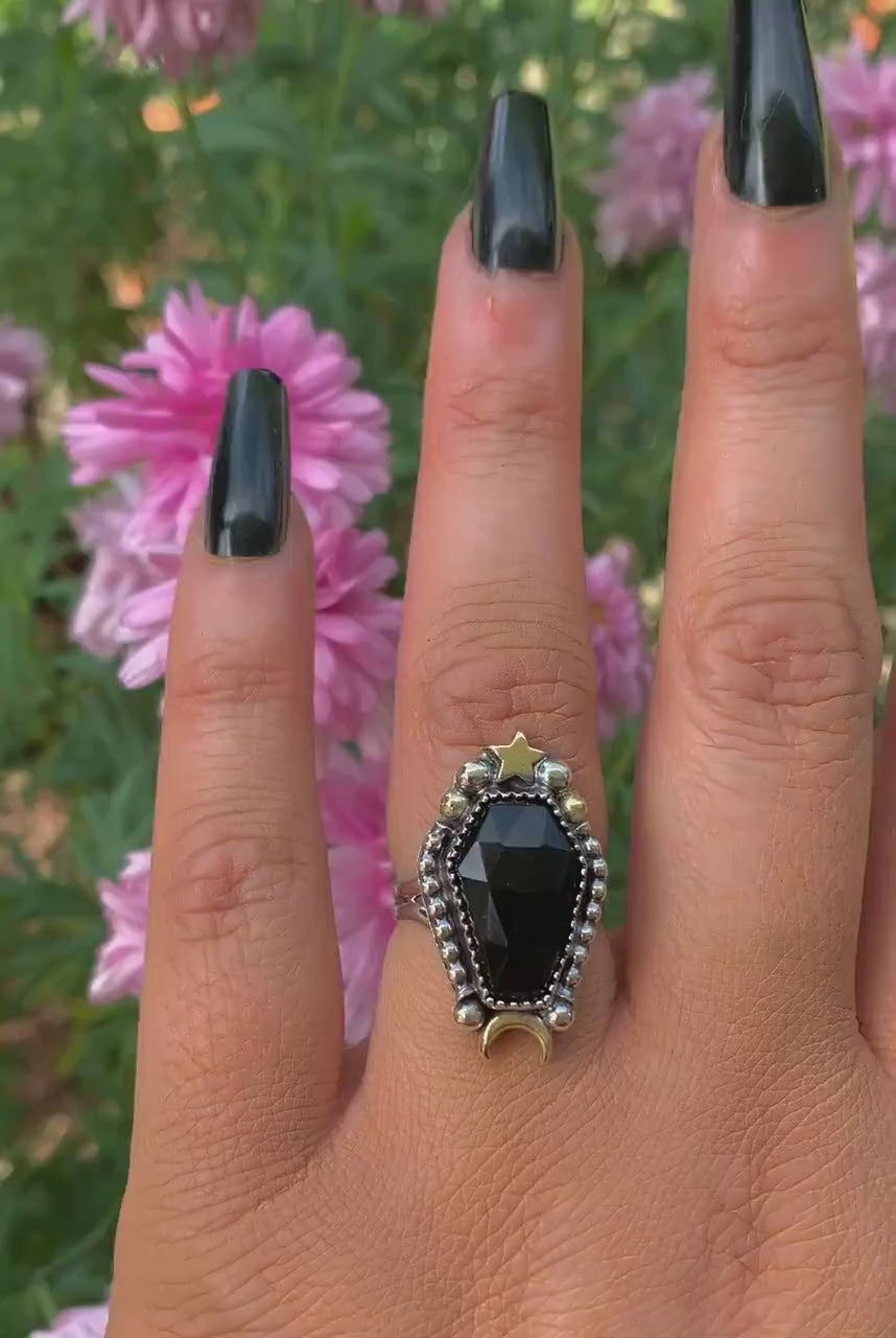 Rose Cut Black Onyx Coffin Ring - Size 6