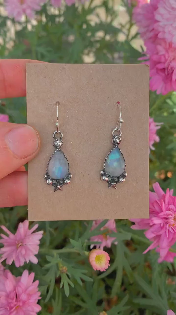 Rose Cut Moonstone Star Earrings - Sterling Silver
