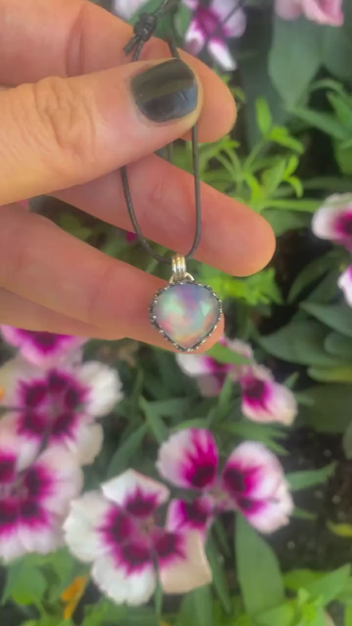 Rose Cut Clear Quartz & Aurora Opal Pendant- Sterling Silver