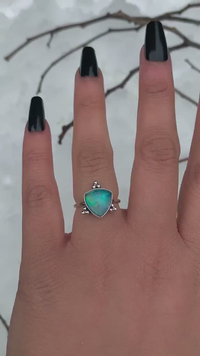 Rose Cut Clear Quartz & Aurora Opal Ring - Size 5 1/2