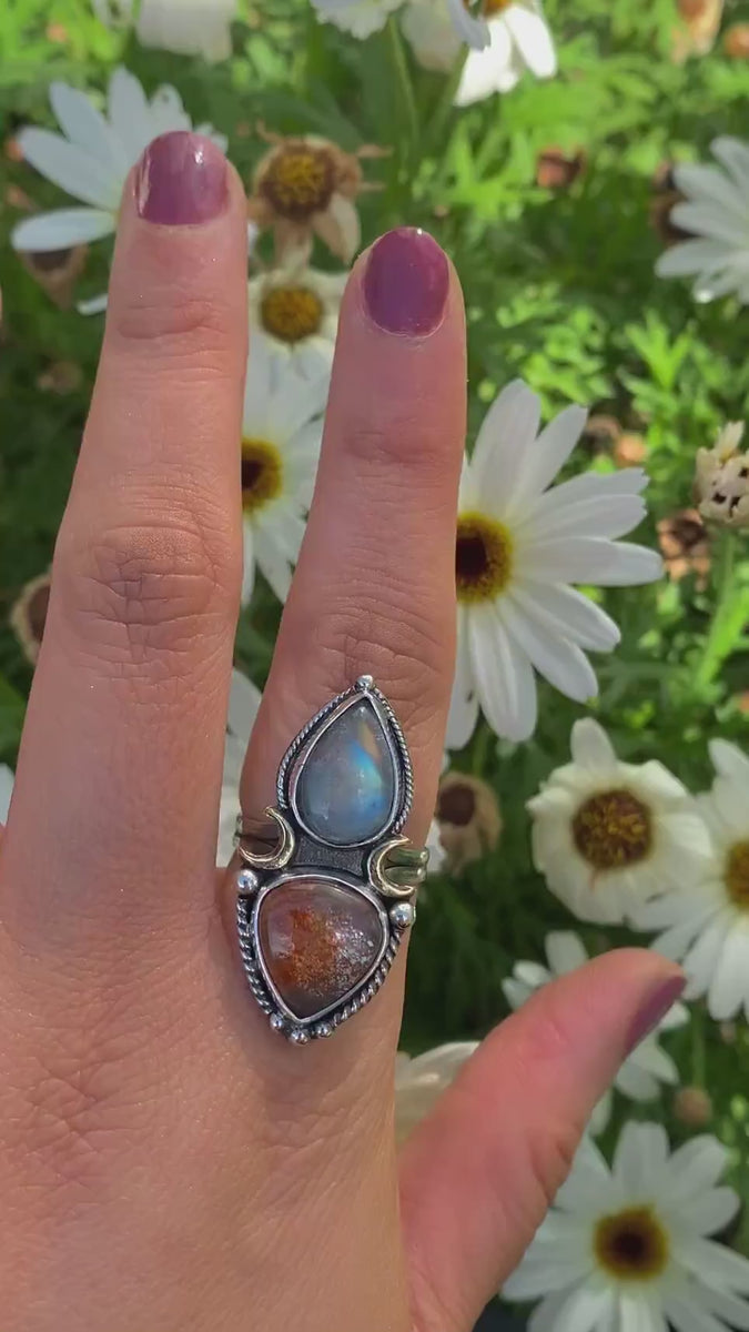 Sunstone & Moonstone Ring - Size 8 1/4 to 8 1/2