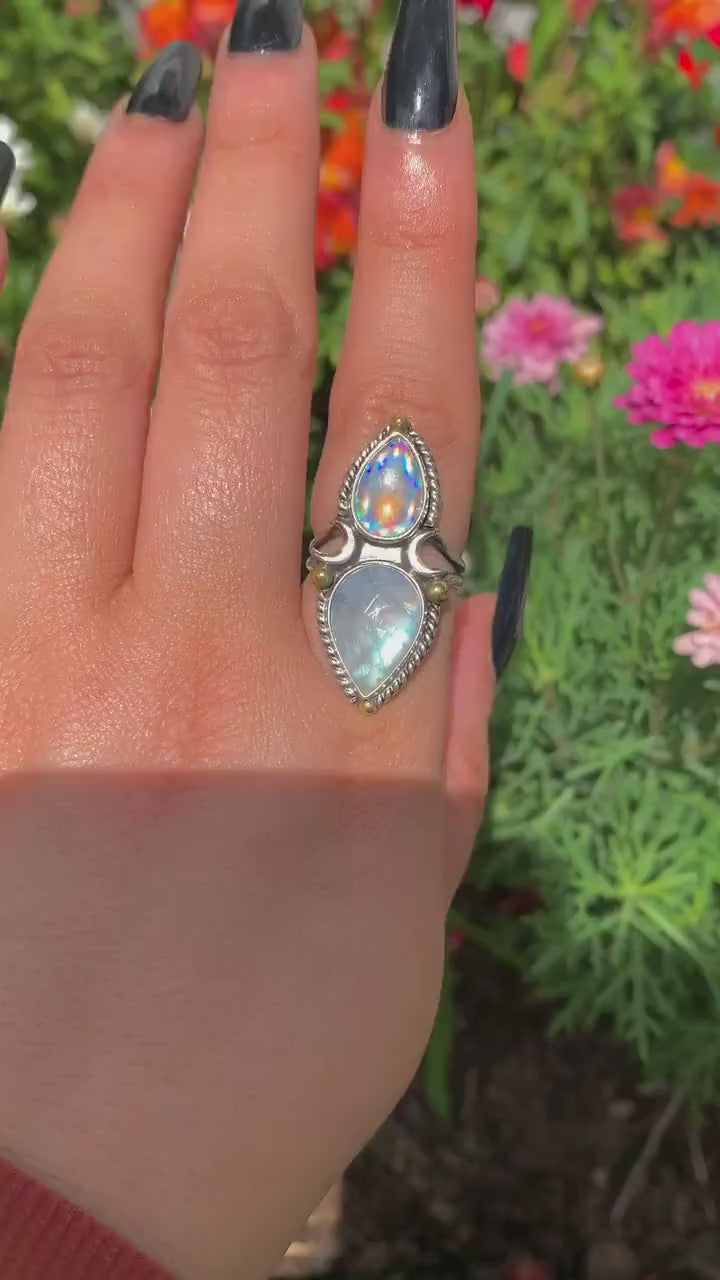 Moonstone & Angel Aura Quartz Ring - Size 8