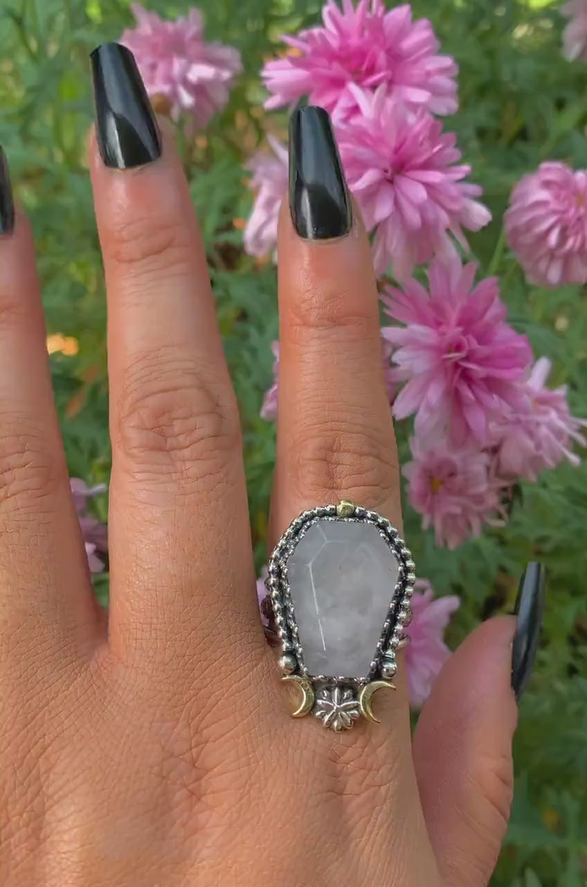 Rose Quartz Coffin Ring - Size 9 1/4 to 9 1/2