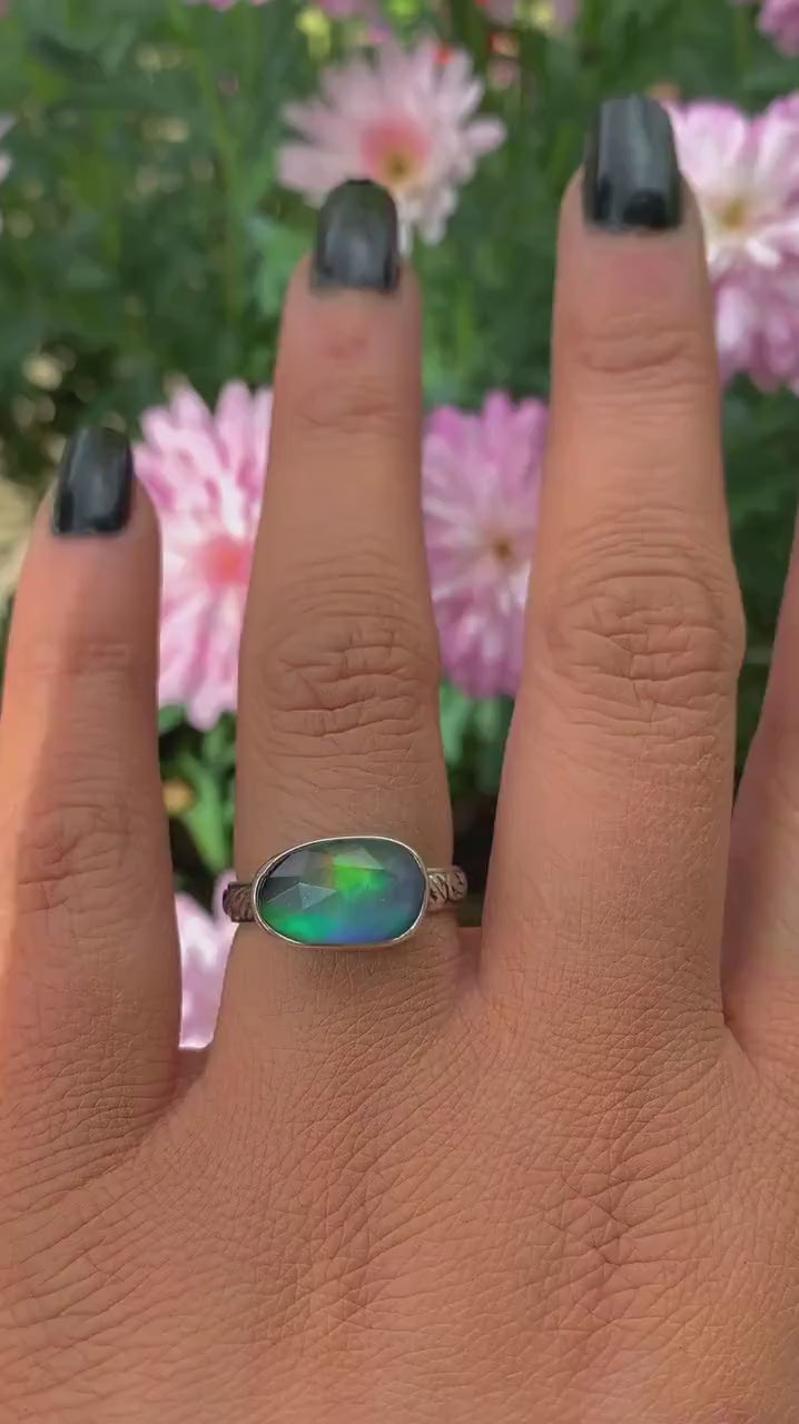 Rose Cut Clear Quartz & Aurora Opal Ring - Size 7 to 7 1/4