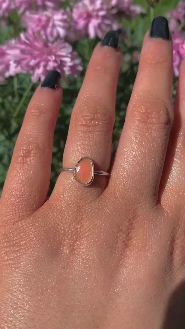 Rose Cut Peach-Pink Opal Ring - Size 6 1/4