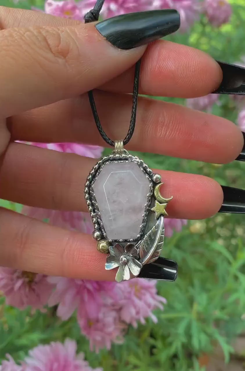 Rose Quartz Coffin Pendant - Sterling Silver