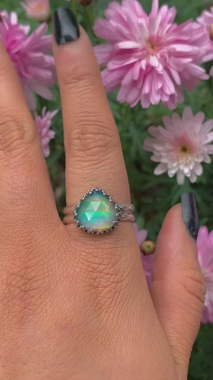 Rose Cut Clear Quartz & Aurora Opal Ring - Size 10