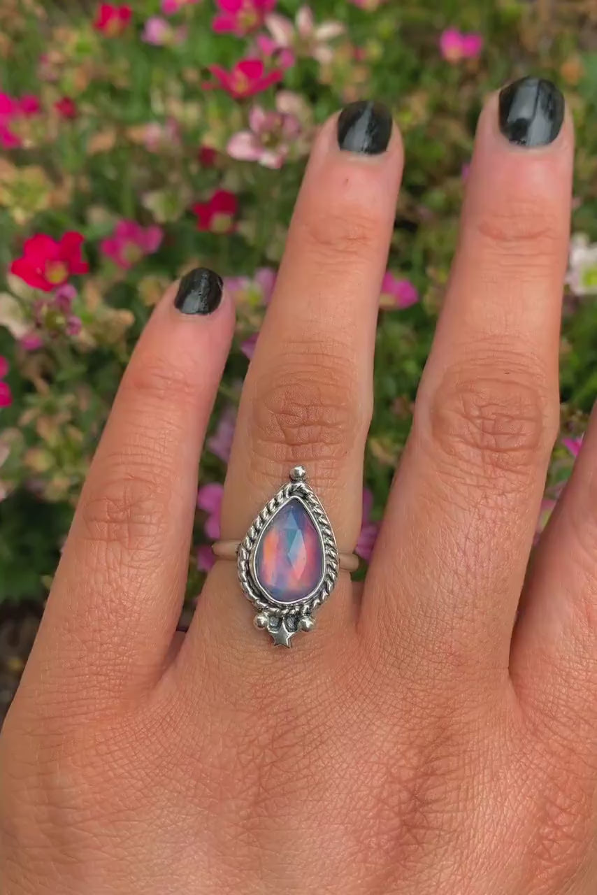 Rose Cut Clear Quartz & Aurora Opal Ring - Size 6