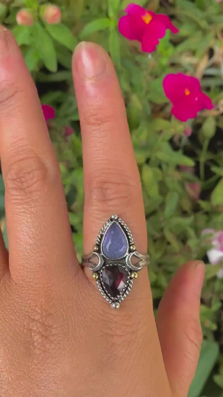 Rose Cut Rhodolite Garnet & Tanzanite Ring - Size 10 1/2 to 10 3/4
