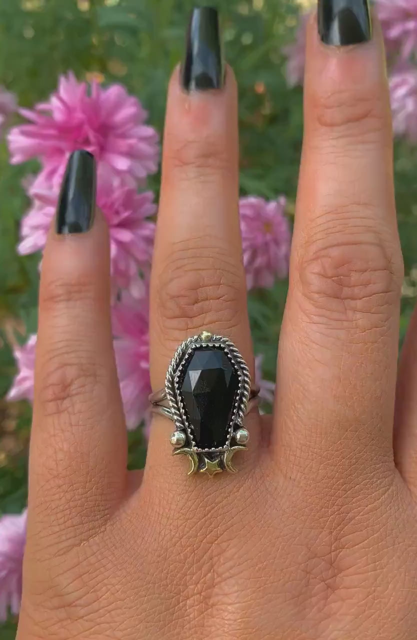 Rose Cut Black Onyx Coffin Ring - Size 7 1/4 to 7 1/2