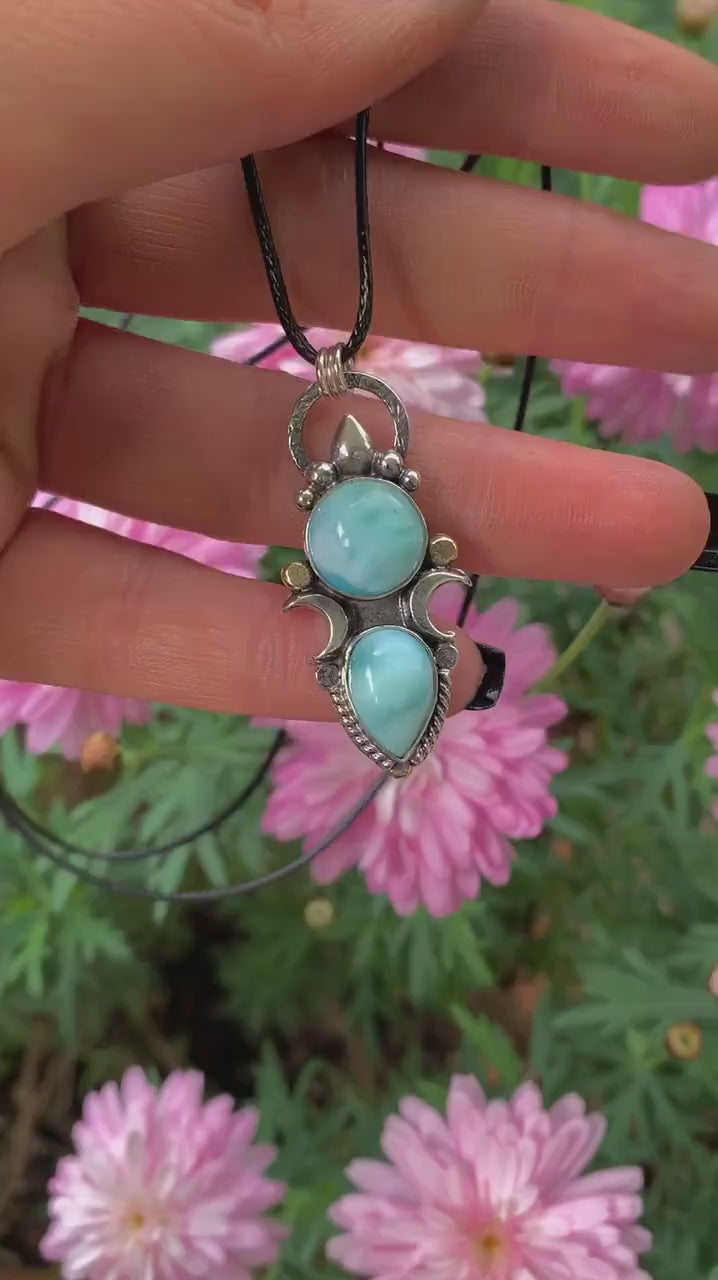 Double Larimar Moon Pendant - Sterling Silver