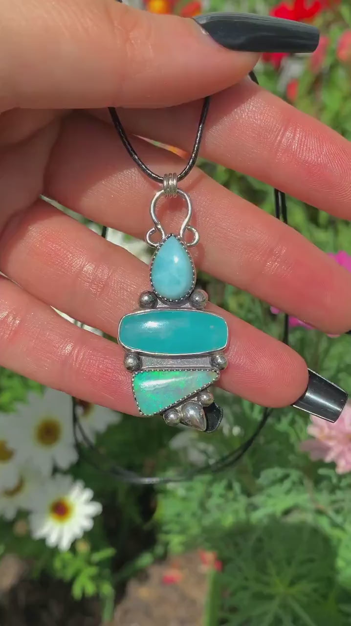 Larimar, Smithsonite & Australian Boulder Opal Pendant - Sterling Silver