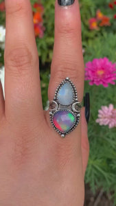 Rose Cut Clear Quartz with Aurora Opal & Moonstone Ring - Size 7 1/4