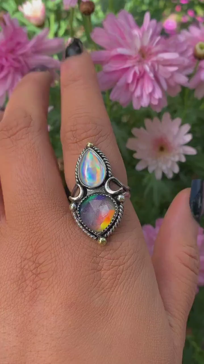 Rose Cut Clear Quartz with Aurora Opal & Angel Aura Quartz Ring - Size 8 1/4
