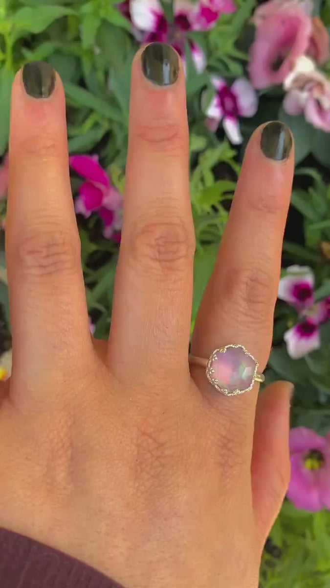 Rose Cut Clear Quartz & Aurora Opal Ring - Size 10 to 10 1/4