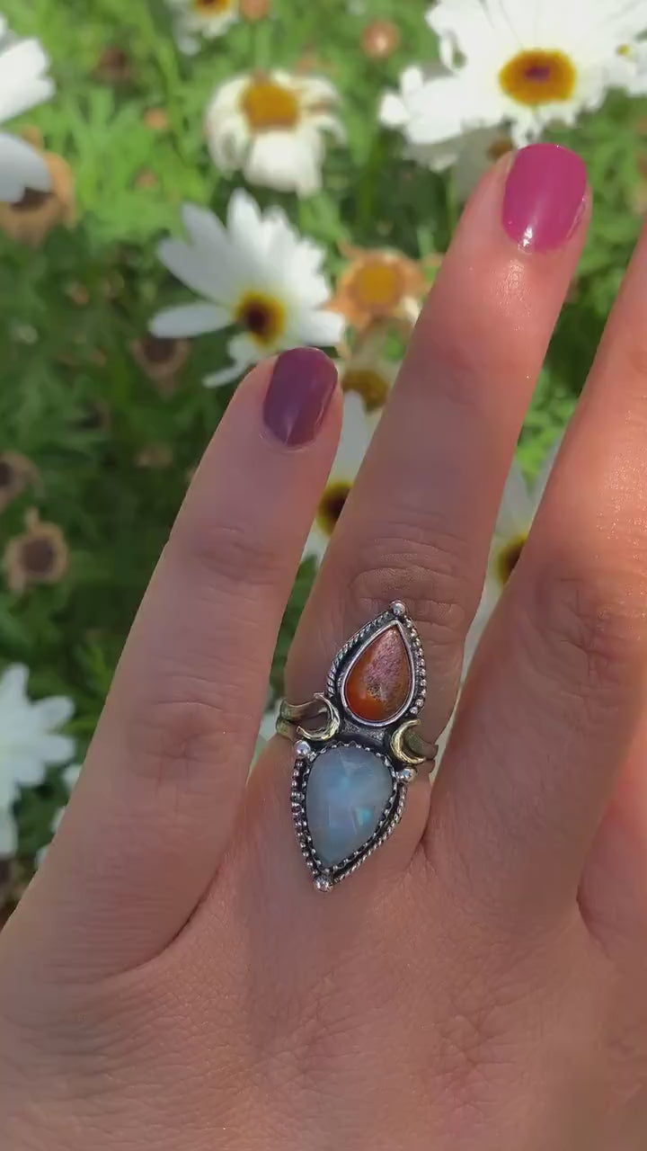 Sunstone & Moonstone Ring - Size 5 1/2 to 5 3/4