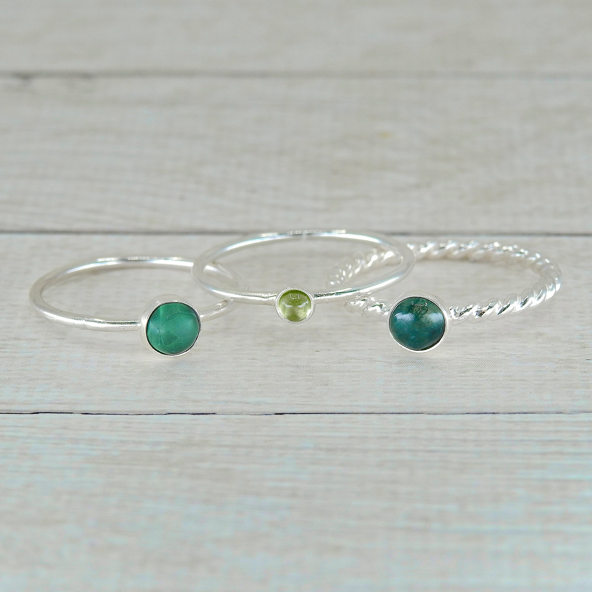 The Artemis Ring Stack of Fortune - Peridot, Moss Agate & Malachite - Made to Order