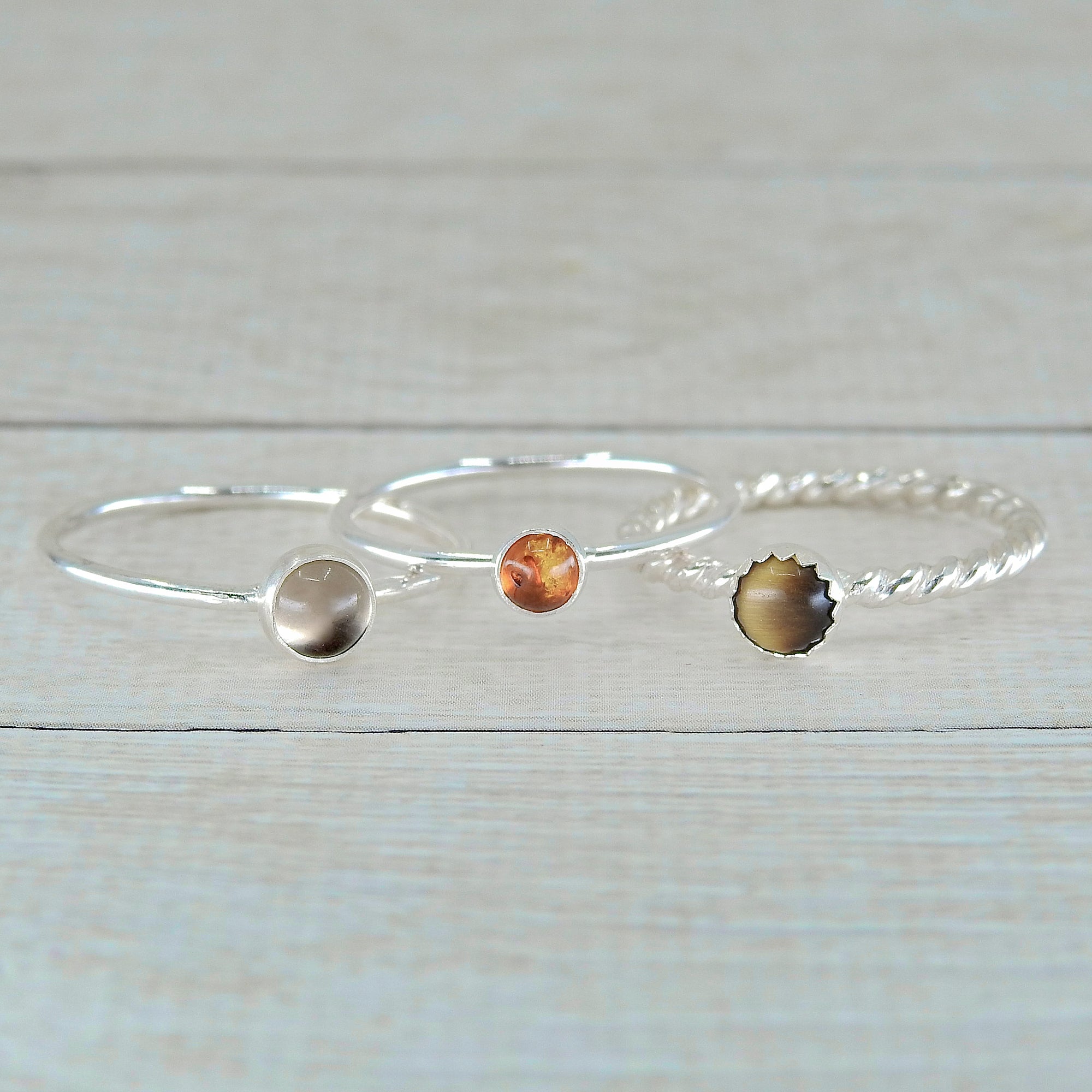 The Brynhildr Ring Stack of Protection - Baltic Amber, Tiger's Eye & Smoky Quartz - Made to Order