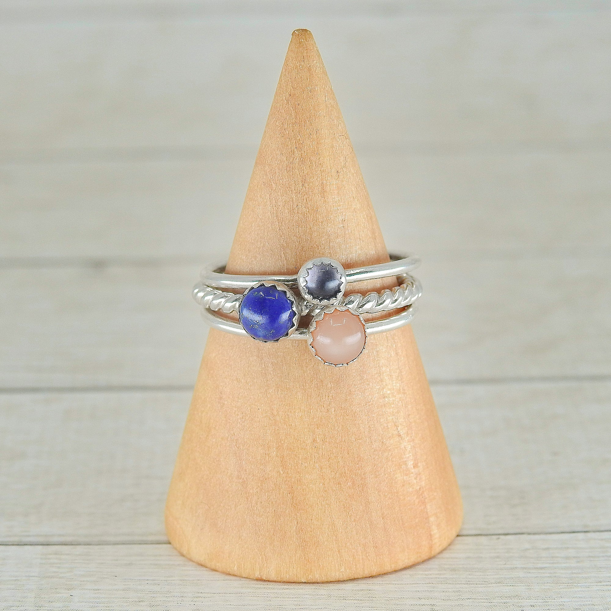 The Calliope Stack of Creativity - Peach Moonstone, Lapis Lazuli & Iolite - Made to Order