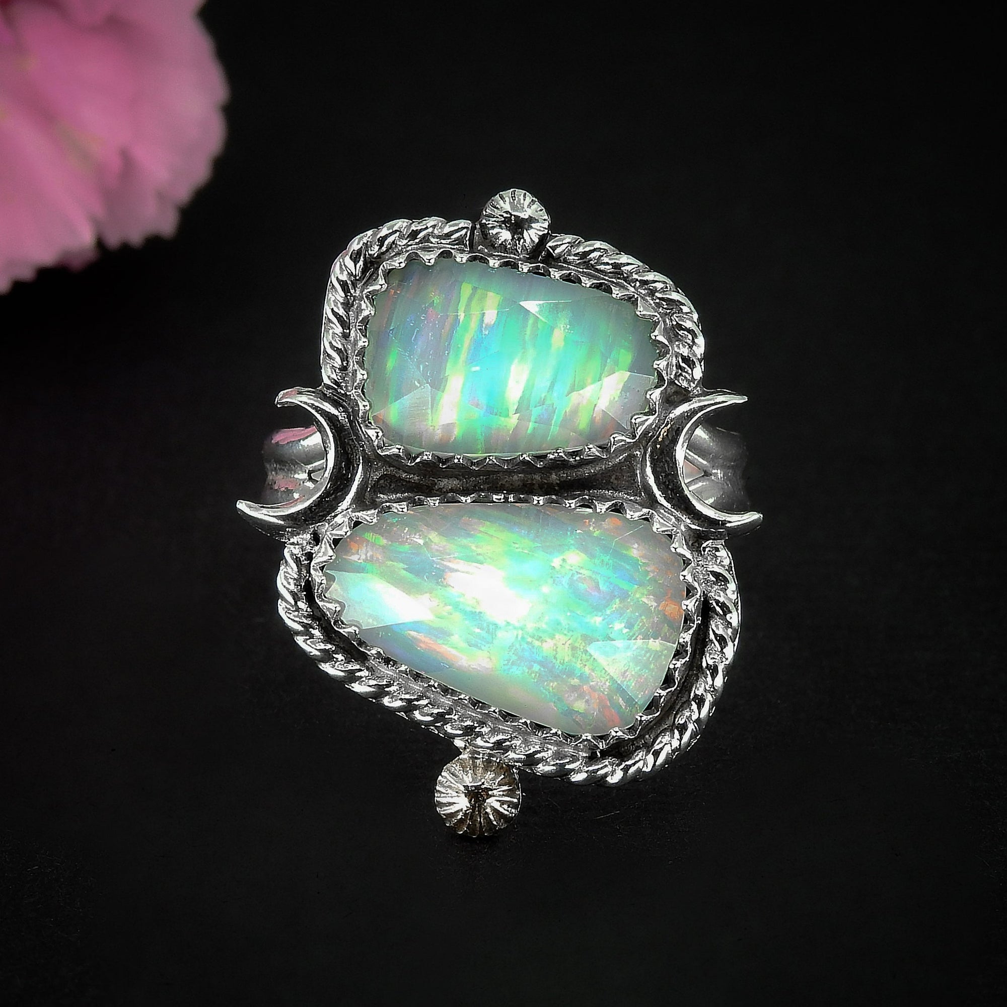 Rose Cut Clear Quartz & Aurora Opal Ring - Size 8