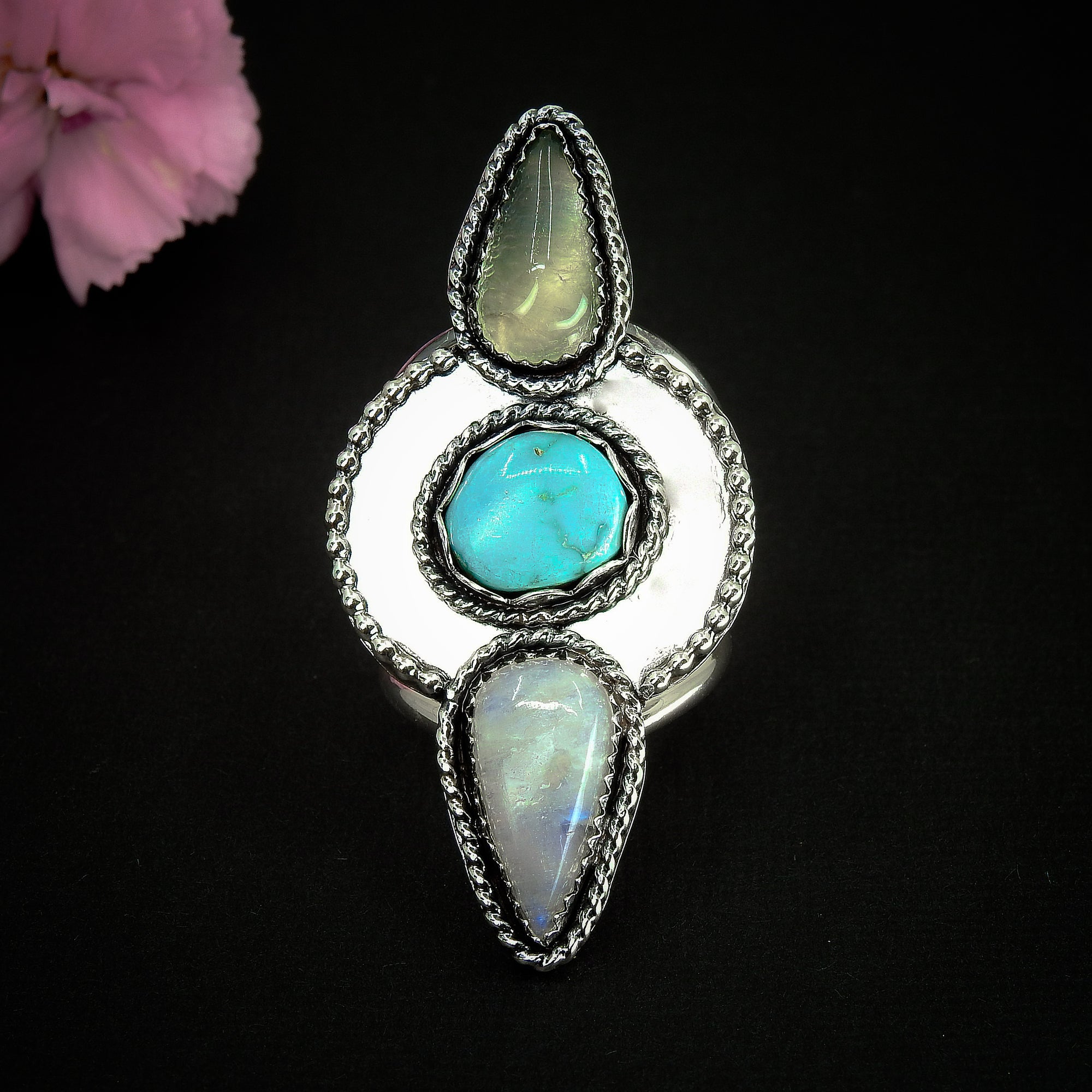 Prehnite, Moonstone & Sierra Nevada Turquoise Ring - Size 10 1/4