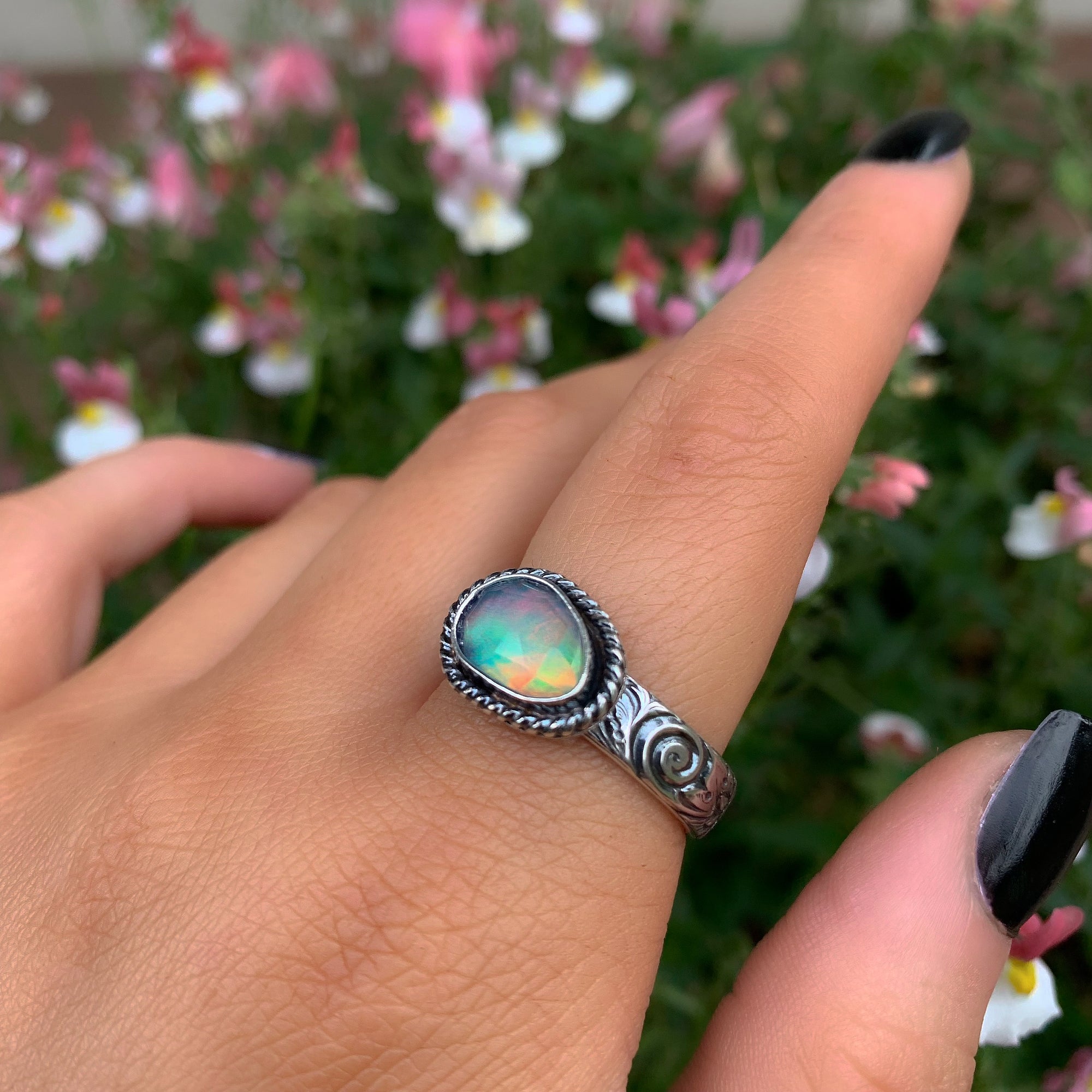 Rose Cut Clear Quartz & Aurora Opal Ring - Size 10 to 10 1/4