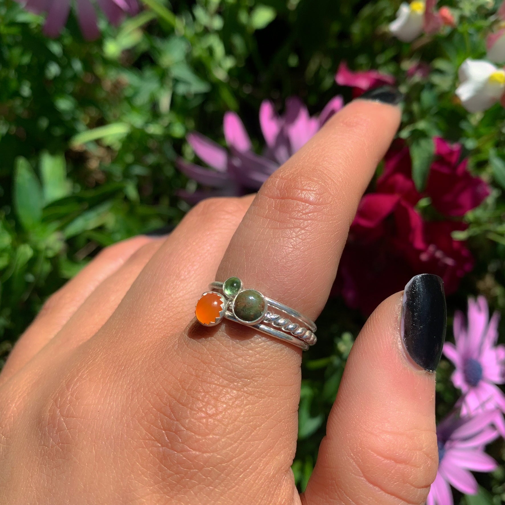 The Iðunn Ring Stack of Friendship - Peridot, Unakite & Carnelian - Made to Order