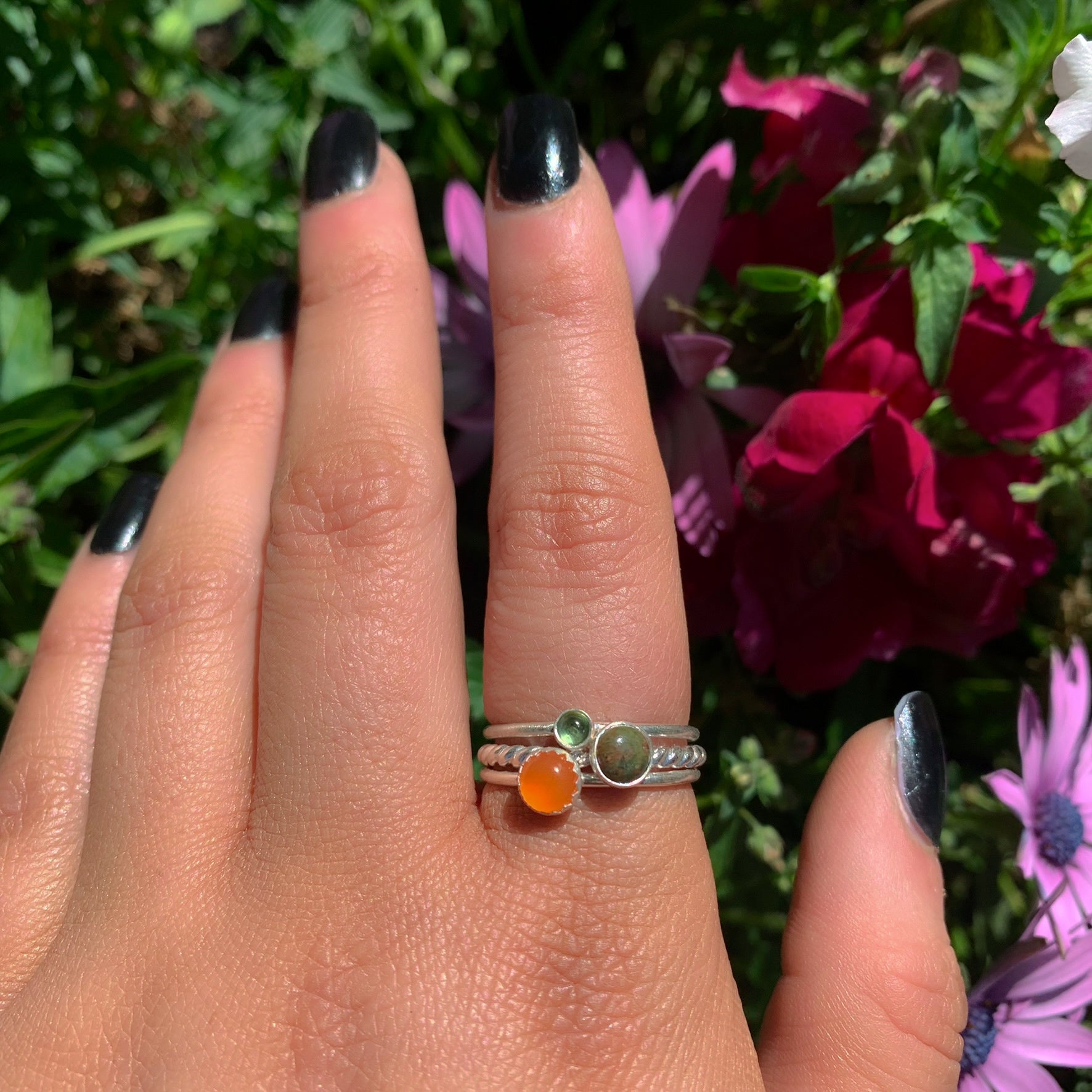 The Iðunn Ring Stack of Friendship - Peridot, Unakite & Carnelian - Made to Order