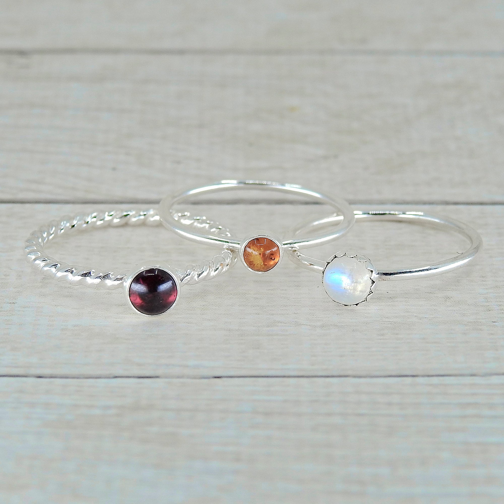 The Isis Ring Stack of Fertility - Baltic Amber, Rhodolite Garnet & Moonstone - Made to Order