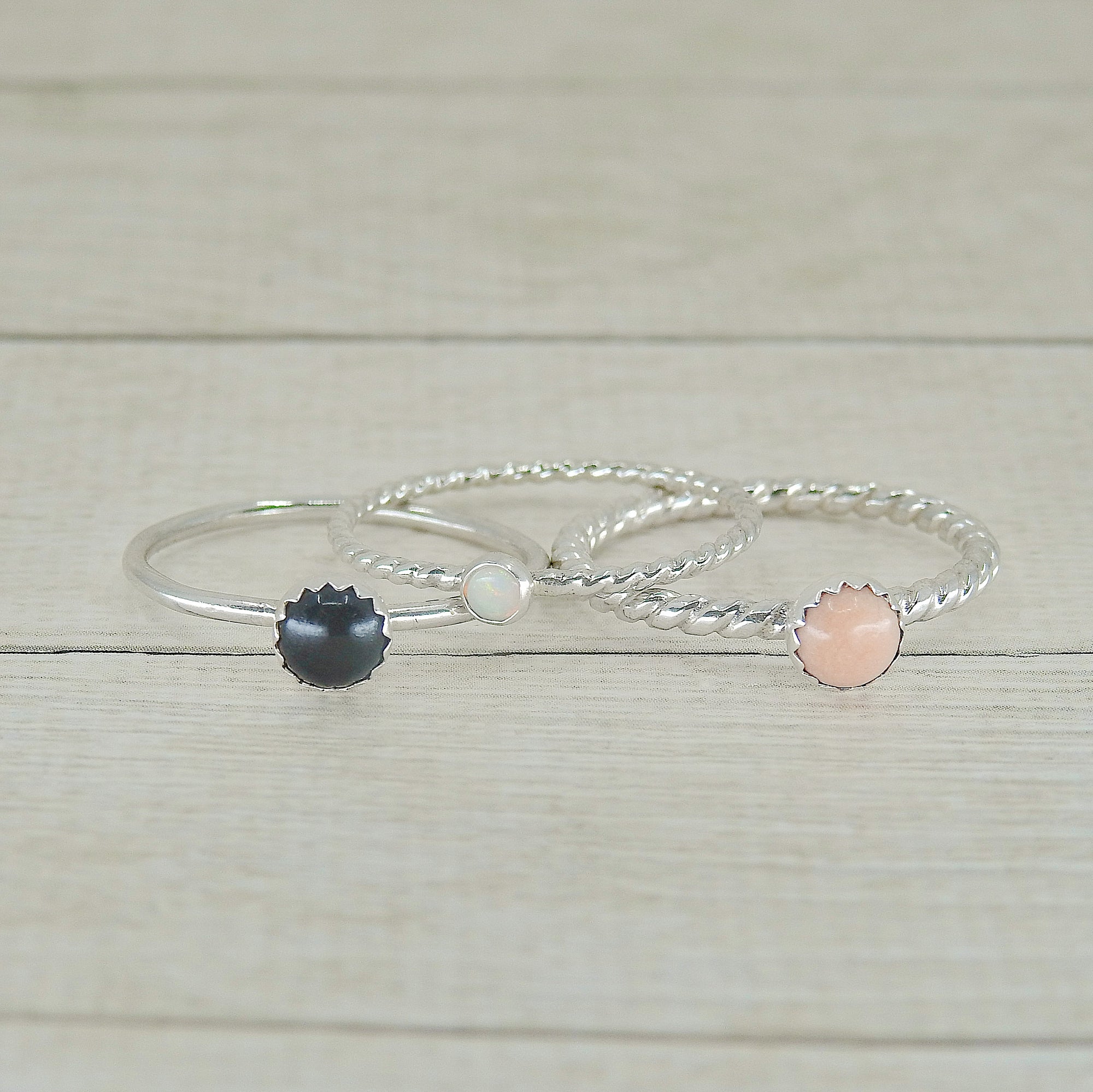 The Eirine Stack of Peace & for Anxiety - Australian White Opal, Black Onyx & Pink Opal - Made to Order