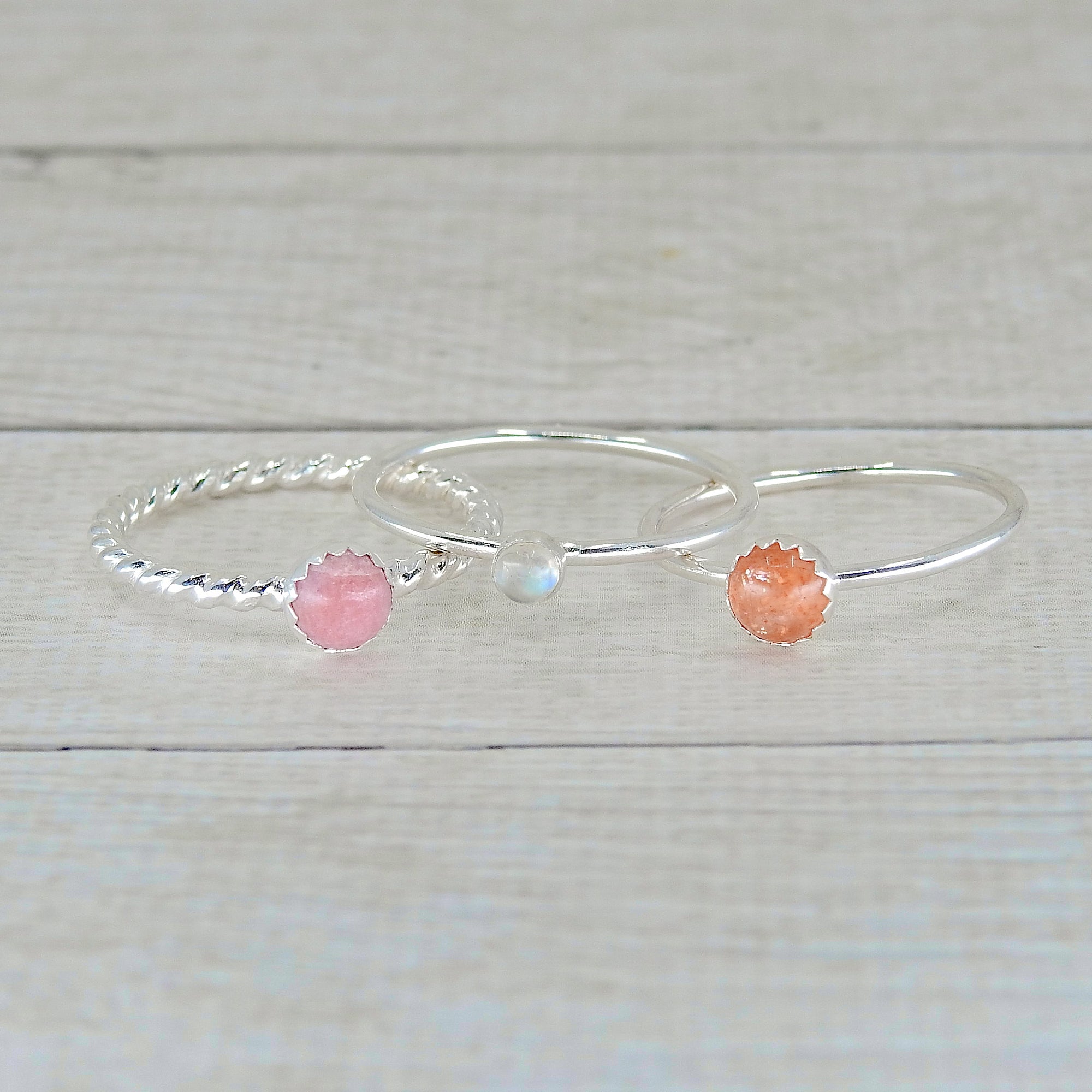 The Venus Ring Stack of Confidence & Self Love - Moonstone, Rhodonite & Sunstone - Made to Order