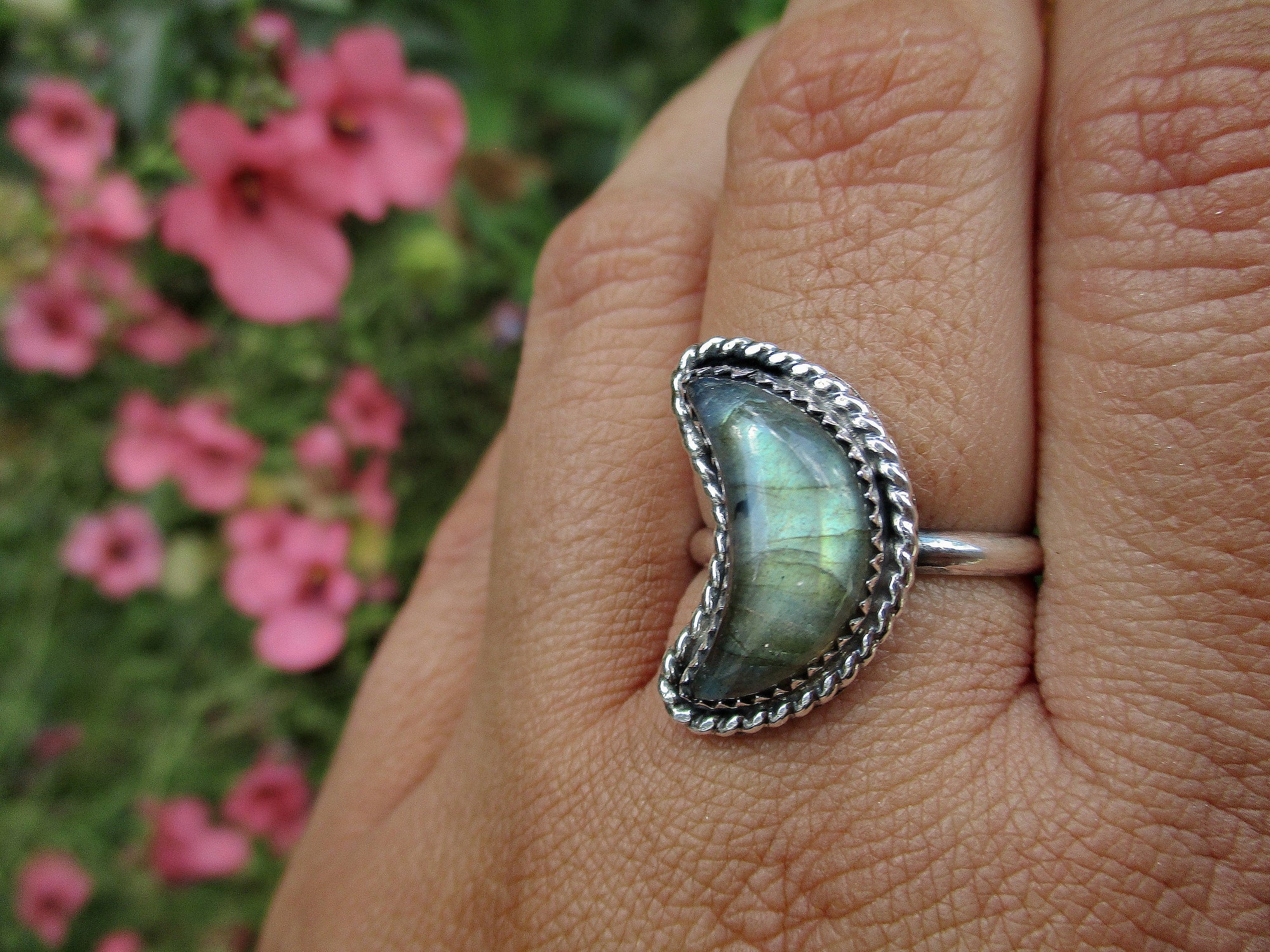 Custom Labradorite Crescent Moon Ring - Made to Order - Gem & Tonik