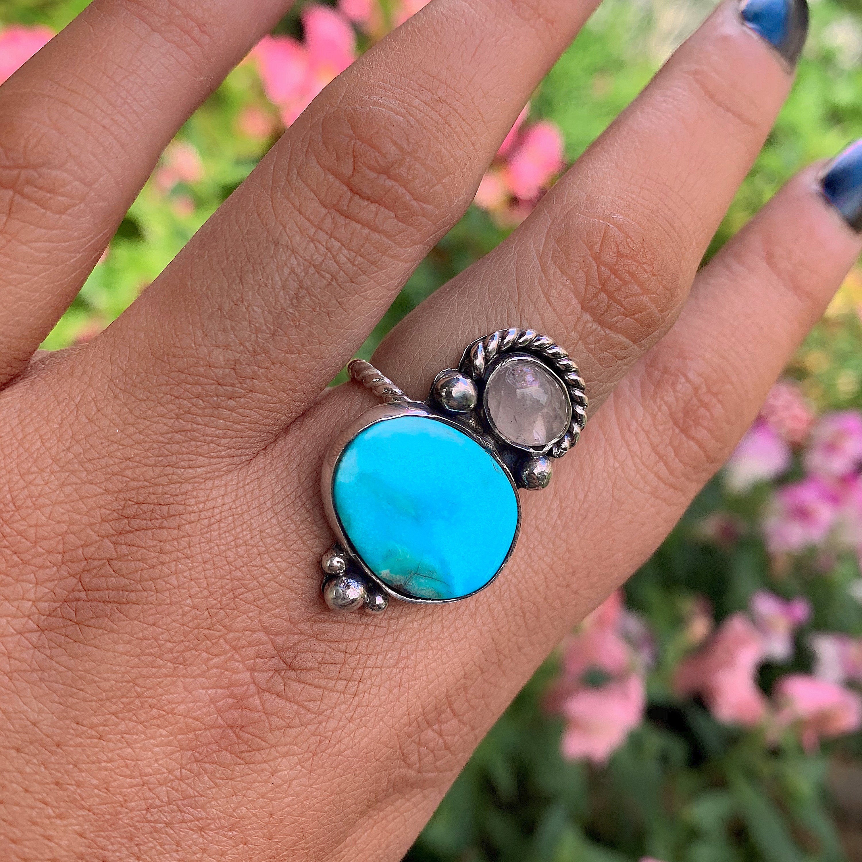 Bluebird Turquoise & Rose Quartz Ring - Size 7 - Gem & Tonik