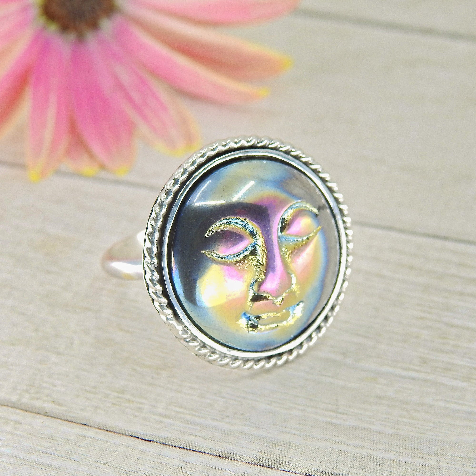 Titanium Aura Quartz Moon Goddess Ring Size 8 3 4