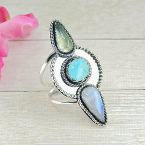 Prehnite, Moonstone & Sierra Nevada Turquoise Ring - Size 10 1/4 - Gem & Tonik