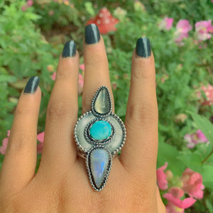 Prehnite, Moonstone & Sierra Nevada Turquoise Ring - Size 10 1/4 - Gem & Tonik