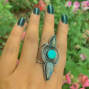 Prehnite, Moonstone & Sierra Nevada Turquoise Ring - Size 10 1/4 - Gem & Tonik