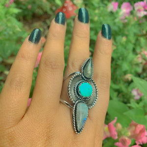 Prehnite, Moonstone & Sierra Nevada Turquoise Ring - Size 10 1/4 - Gem & Tonik