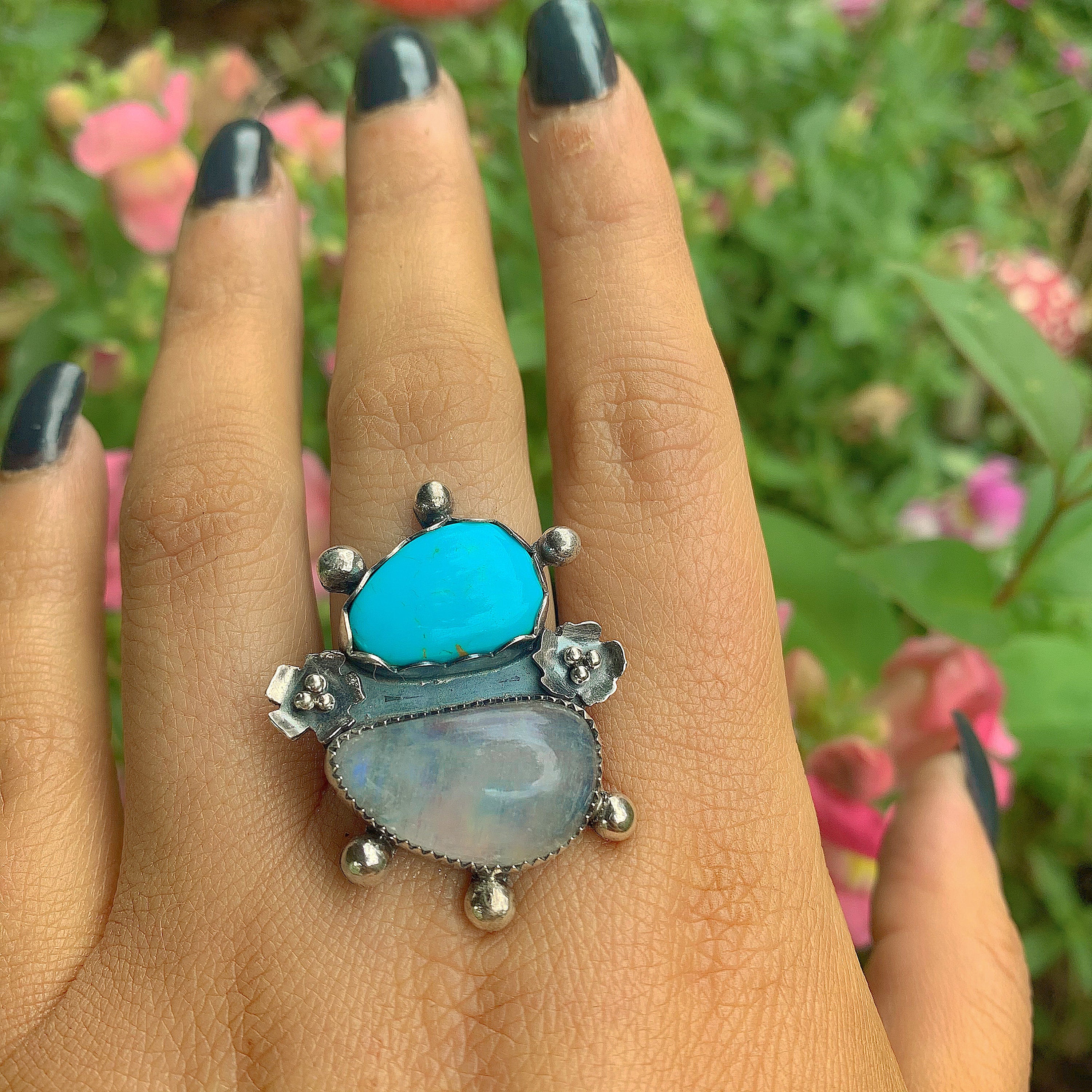 King's Manassa Turquoise & Moonstone Ring - Size 9 to 9 1/4 - Gem & Tonik