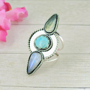 Prehnite, Moonstone & Sierra Nevada Turquoise Ring - Size 10 1/4 - Gem & Tonik