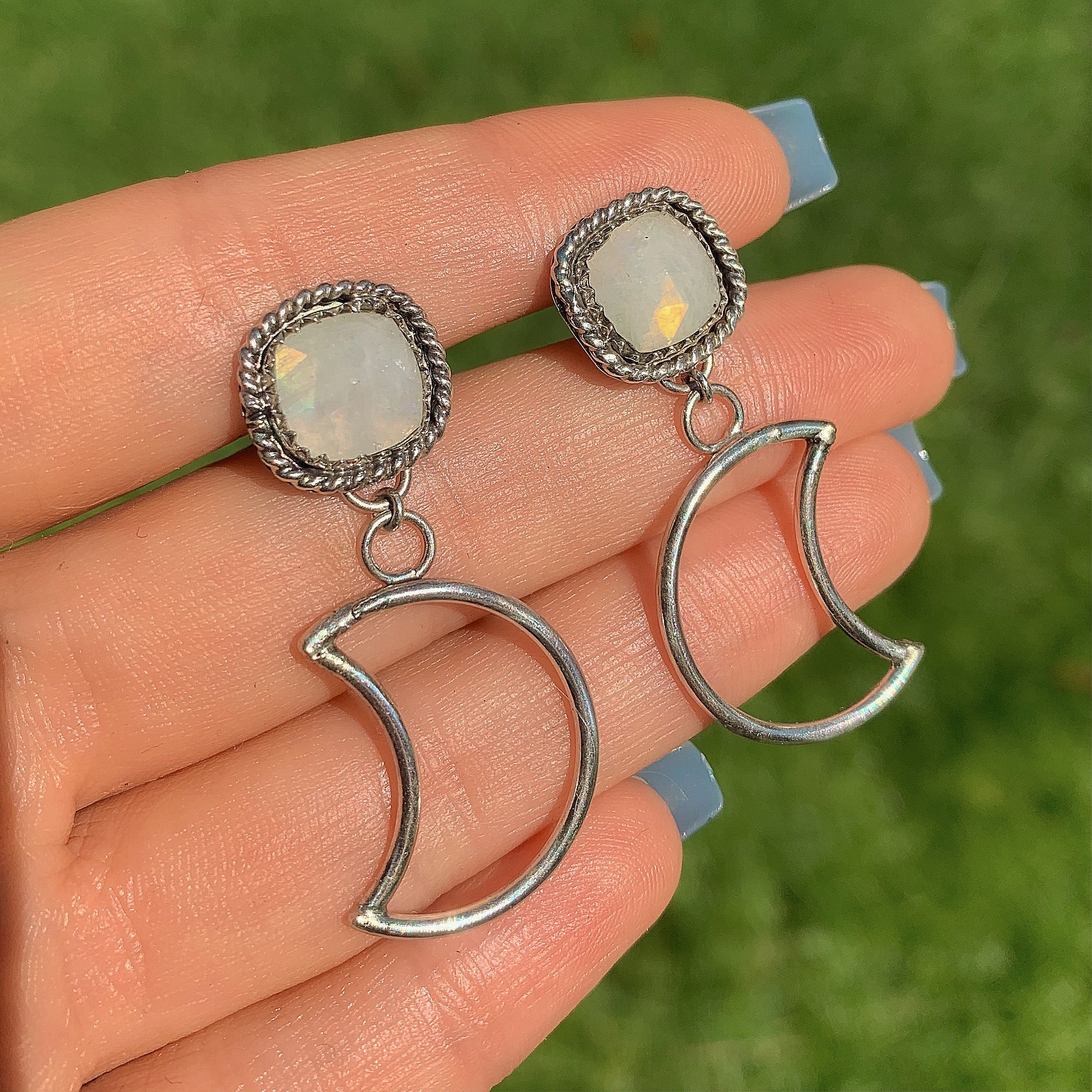 Moonstone Moon Earrings - Sterling Silver 