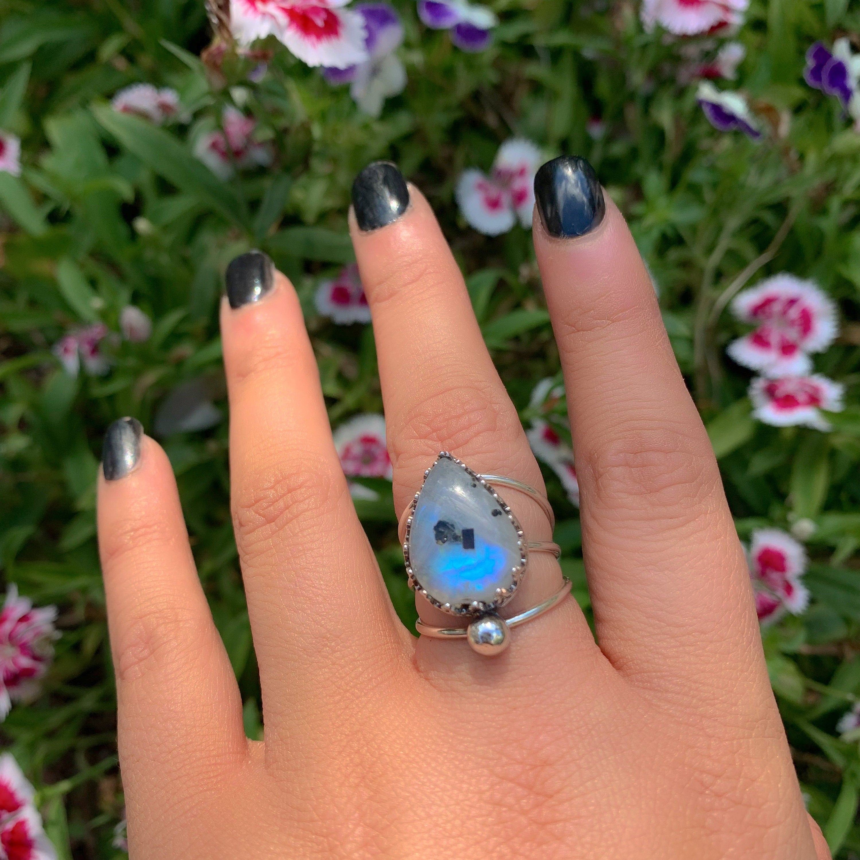 Moonstone & Black Tourmaline Ring - Size 6.5 