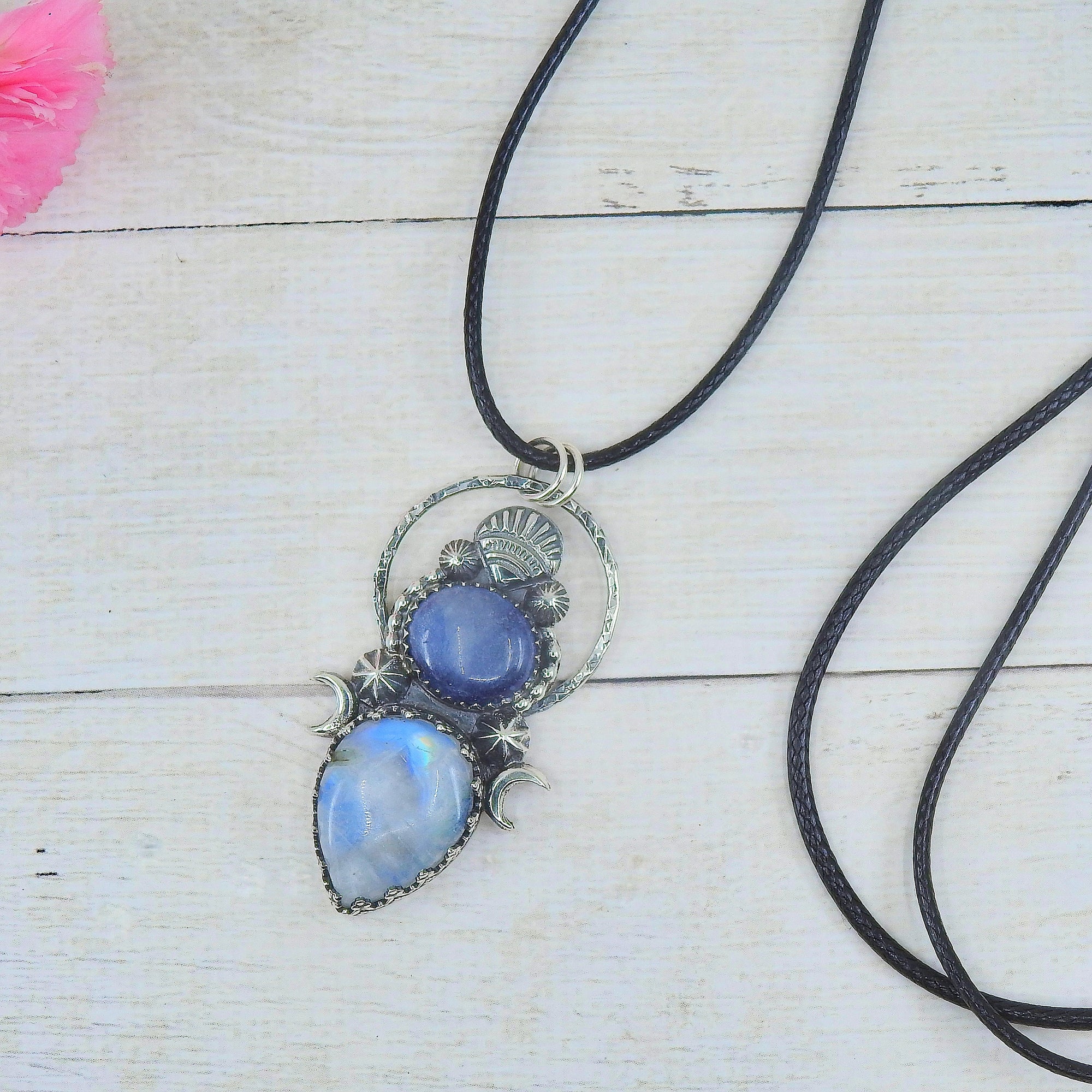 Blue Sapphire & Moonstone Pendant - Sterling Silver 