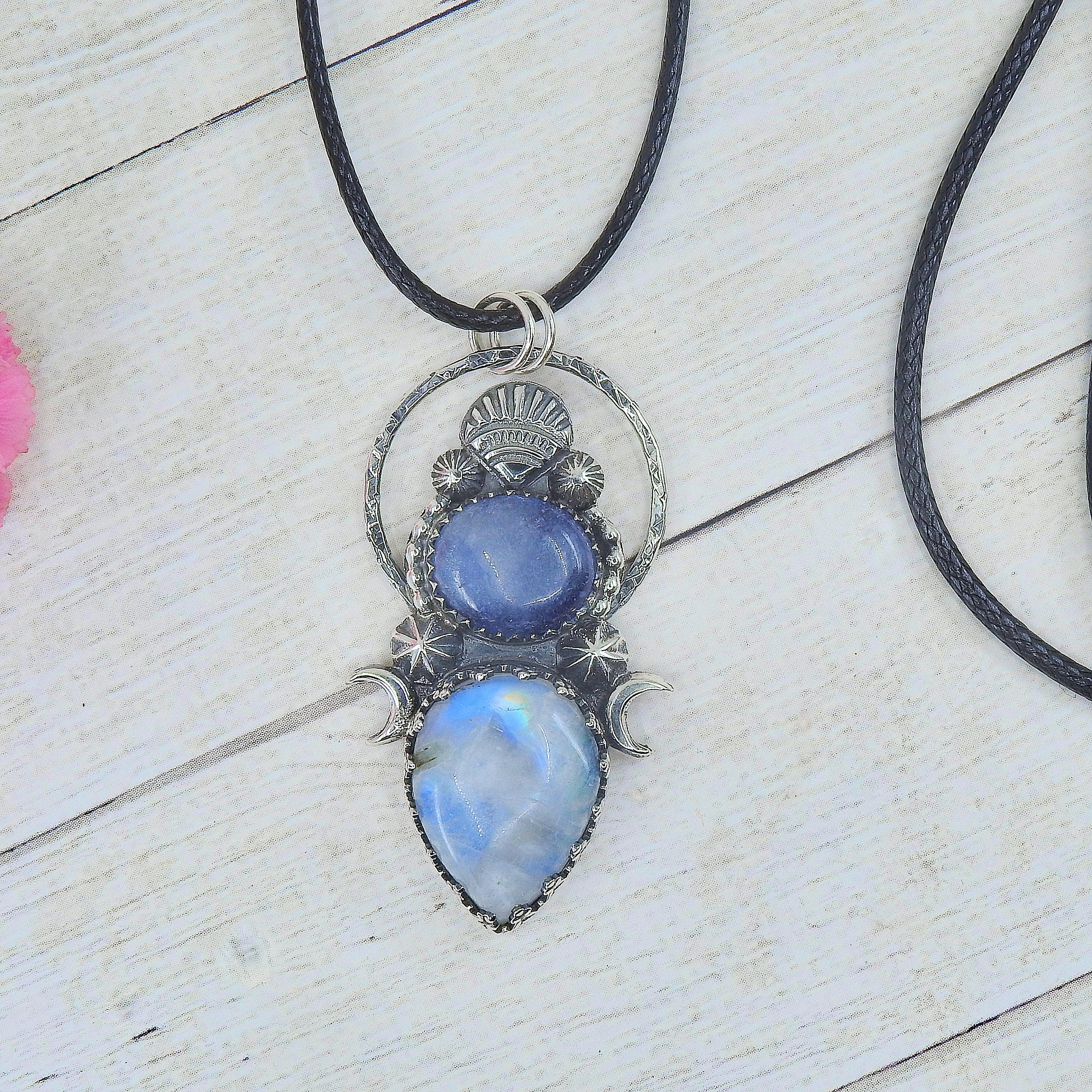 Blue Sapphire & Moonstone Pendant - Sterling Silver 