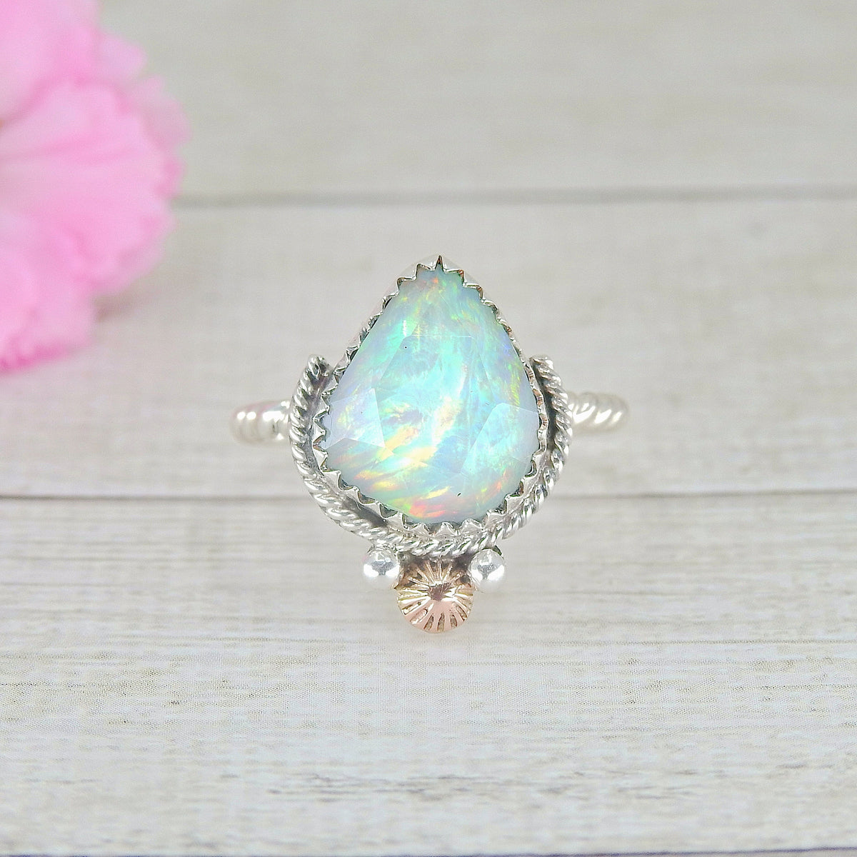 Rose Cut Clear Quartz & Aurora Opal Ring - Size 7 