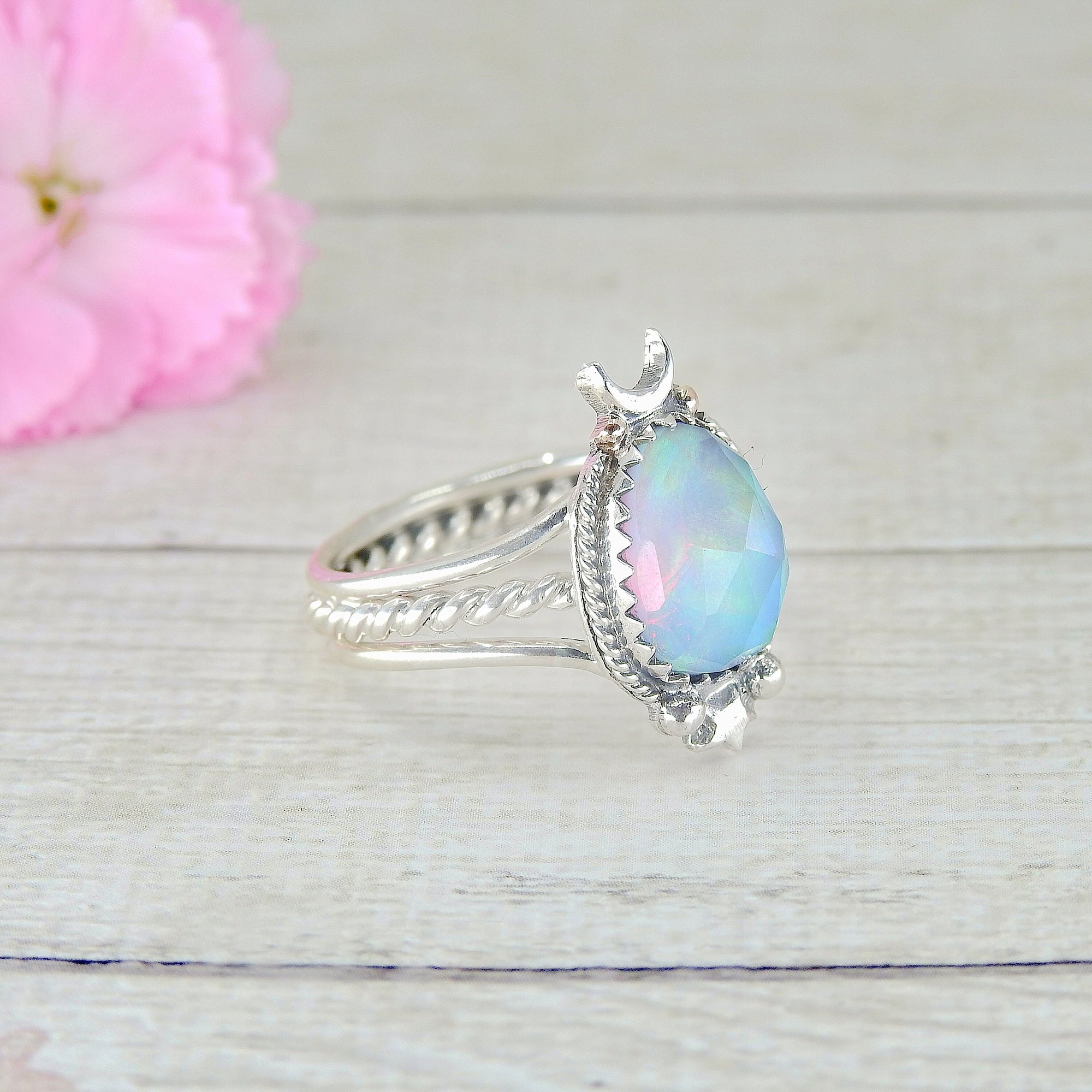 Rose Cut Clear Quartz & Aurora Opal Ring - Size 8.25 