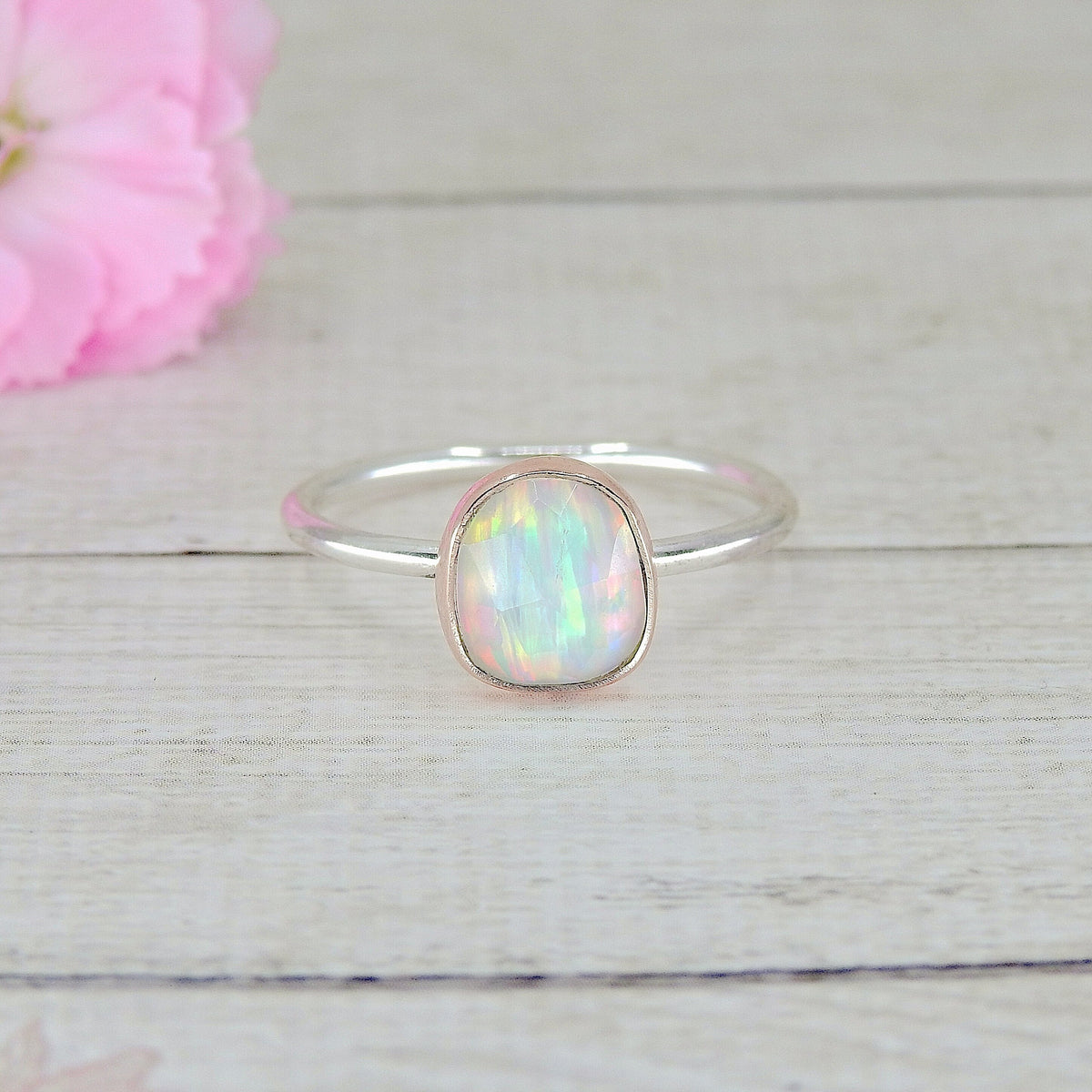 Rose Cut Clear Quartz & Aurora Opal Ring - Size 9 