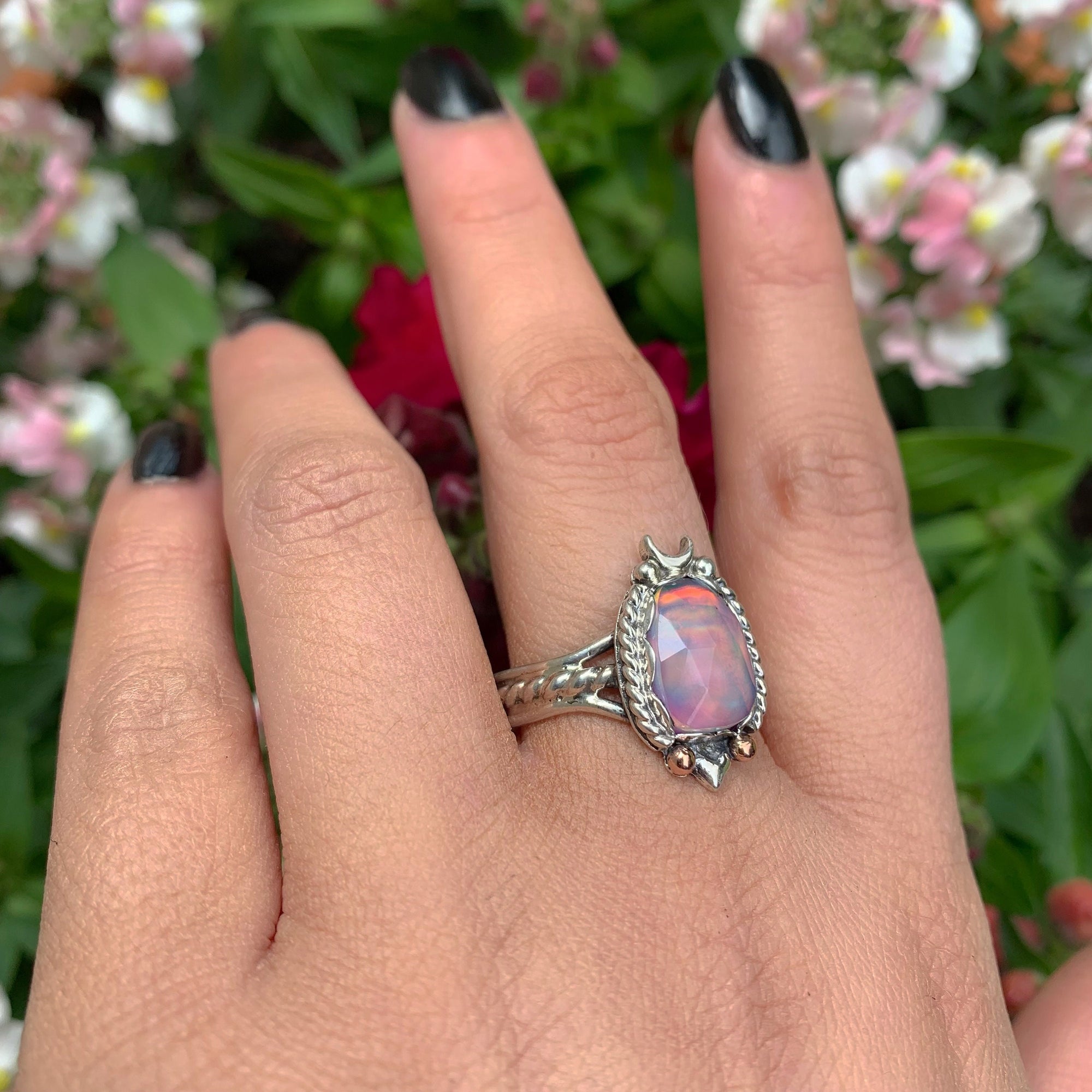 Rose Cut Clear Quartz & Aurora Opal Ring - Size 11.75 