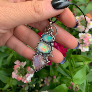 Rose Cut Moonstone & Red Jasper with Clear Quartz with Aurora Opal Pendant- Sterling Silver and 14k Rose Gold 